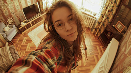 Portrait of sexy young teenager woman smiling at camera in room at home on a sunny day.の素材