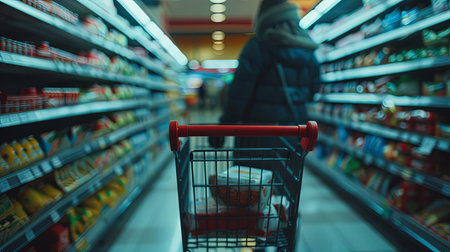 Woman with shopping cart in supermarket looking for groceries alone.の素材