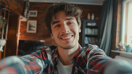 Photogenic young man taking selfie and smiling in room at home on a sunny day.の素材