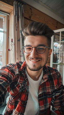 Closeup vertical portrait of young caucasian teenage man alone in room at home taking selfie smiling.の素材