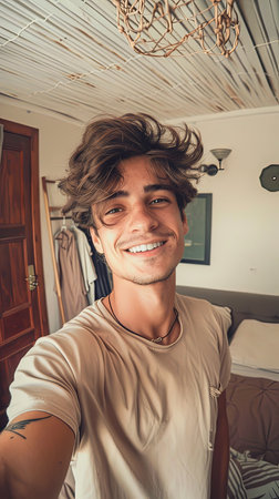 Young attractive man taking self portrait in room at home alone smiling.の素材