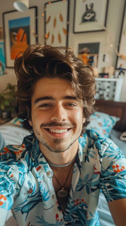 Selfie of young attractive man smiling at camera in room at home.の素材