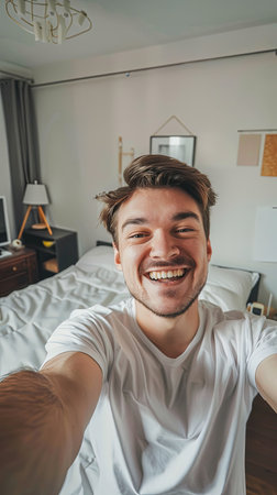 Vertical closeup portrait of young attractive teenage man taking selfie alone at home in room.の素材