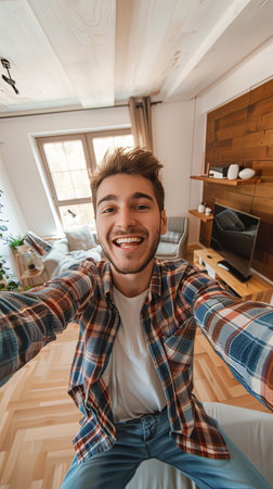 Young attractive man taking self portrait in room at home alone smiling.の素材