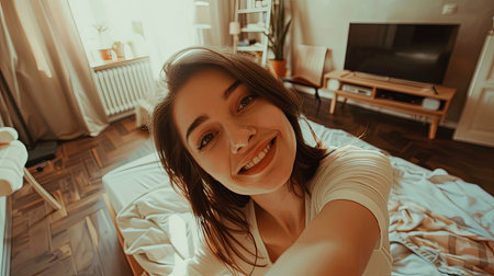 Horizontal selfie portrait of young teenage woman in room at home smiling.の素材