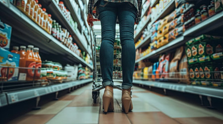 Woman walking in supermarket with shopping cart buying products from shelves alone.の素材