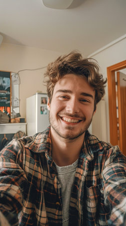 Vertical portrait of guy Vt home alone taking selfie in room smiling at the camera.の素材