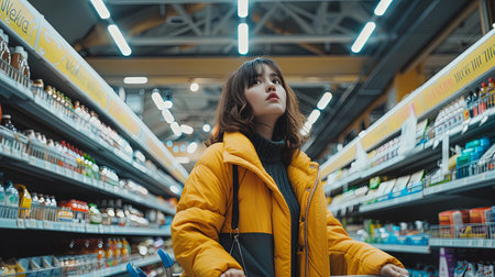 Alone woman in supermarket pushing shopping cart looking for groceries to buy.の素材