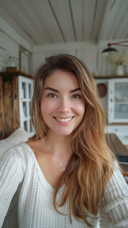 Hot chick taking selfie at home alone in room smiling.の素材