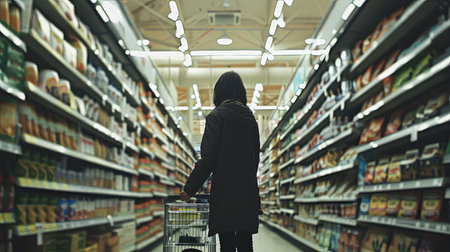 Alone woman in supermarket pushing shopping cart looking for groceries to buy.の素材