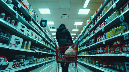 Alone woman in supermarket pushing shopping cart looking for groceries to buy.の素材