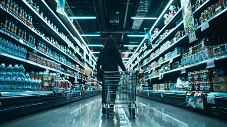 Supermarket ailes with woman pushing empty cart doing groceries in store.の素材