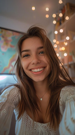 Closeup vertical portrait of attractive young woman posing at home in room for selfie smiling alone.の素材