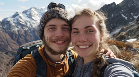 Man and woman on a mountain taking bright selfie while trekking.の素材