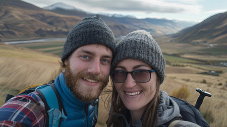 Portrait of young happy couple tourists on a mountain looking.の素材