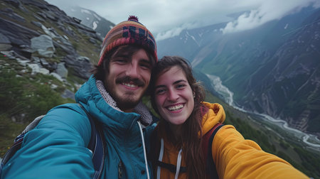Portarit of young couple on a mountain taking selfie together.の素材