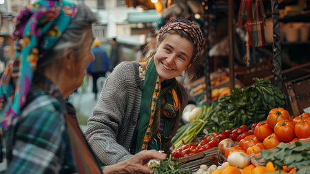 Portrait of two women old and young buying local vegetables at street market bazaar.の素材