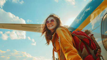 Happy young woman traveling on vacation boarding airplane alone.の素材