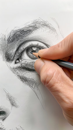 Portrait drawn by hand on vertical sheet of paper by hand holding pencil from above.の素材