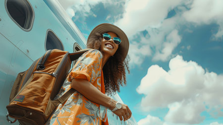Traveller young happy woman boarding airplane on a sunny day alone.の素材