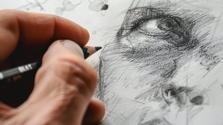 Hand holding pencil drawing human portrait on white sheet of paper.の素材