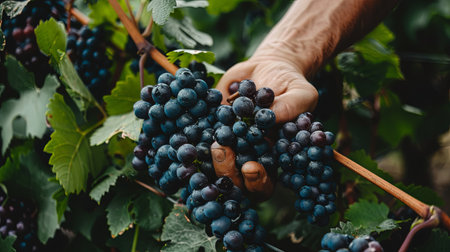 Closeup of grape bunch on vine being picked by worker hands in autumn.の素材