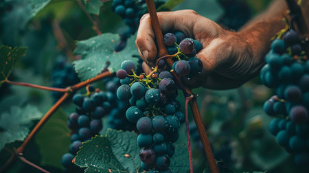 Ripe grapes on vine being harvested by worker hands closeup.の素材