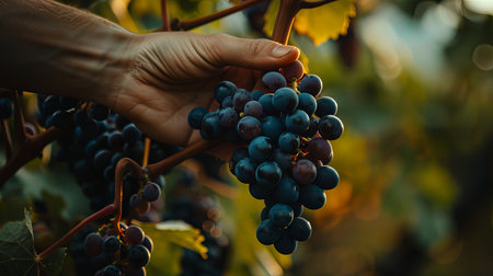Hands holding ripe red grapes picking from vine for wine.の素材