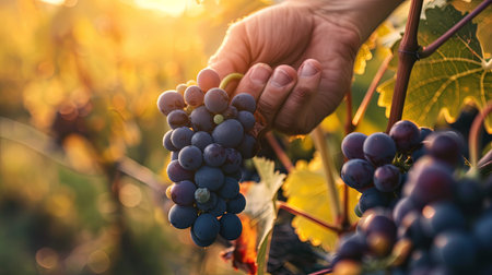 Ripe grapes on vine being harvested by worker hands closeup.の素材