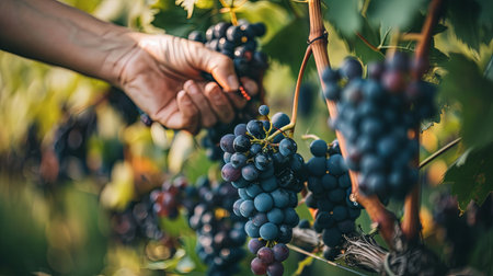 Ripe grapes on vine being harvested by worker hands closeup.の素材