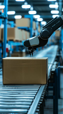 Vertical portrait of automated robot arm handling cartboard box parcels from conveyor belt in logistics warehouse.の素材