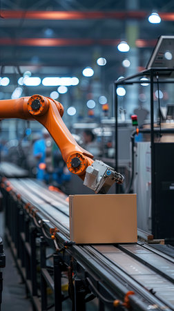 Parcel box on conveyor belt in warehouse shipped by automated robot arm in logistic factory.の素材