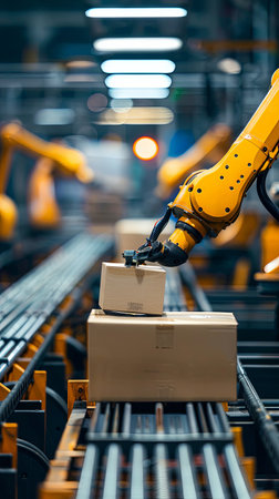 Vertical portrait of automated robot arm handling cartboard box parcels from conveyor belt in logistics warehouse.の素材
