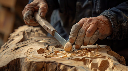 Sculptor hand working with wood carving with chisel making sculpture in workshop.の素材