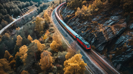 Top down aerial view of train with cargo on railway tracks going through the mountains with forest.の素材