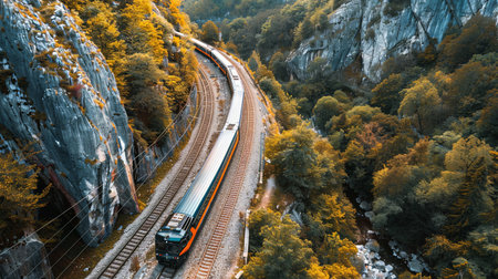 Train in the mountains on tracks going with speed in summer.の素材
