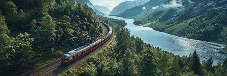 Aerial scenery of train with wagons in mountain landscape panoramic banner.の素材