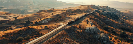 Aerial landscape of railroad tracks with train traveling in mountain valley panoramic banner.の素材