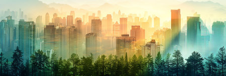 Wide banner of cityscape skyline double exposure with nature green forest vegetationの素材