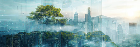 Panoramic double exposure banner of city skyline overlayed with green forest vegetationの素材