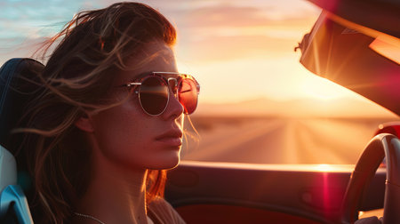 Closeup portrait of attractive young woman driving sports car at sunset on vacation.の素材