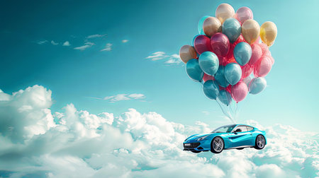 Brand new sports car gift sent with helium balloons flying in the bright sky tied with string on a sunny day.の素材