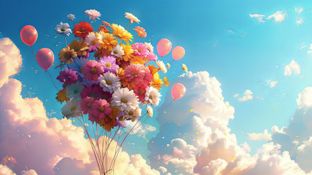 Flower bouquet with helium balloons flying in the sky on a bright day.の素材