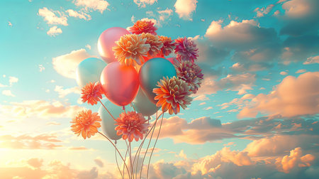 Bunch of balloons and colorful flowers flying in the sky for party space for text.の素材