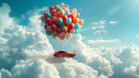 Car flying in the sky with clouds tied to bunch of balloonsの素材