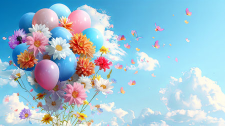 Helium balloons and flower bouquet flying up in the sky with clouds on a bight day.の素材