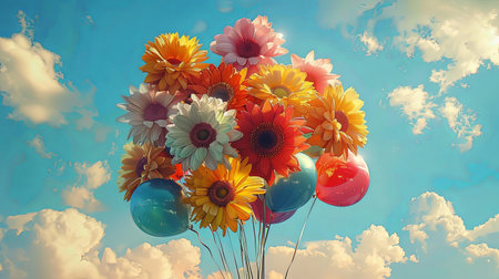 Bunch of flowers and balloons flying in the bright sky with clouds product placement mockup.の素材