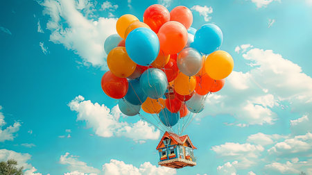 Toy house home model flying in the sky with clouds tied to colorful balloons bunchの素材
