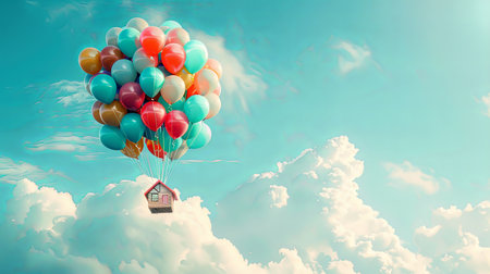 Colorful balloons taking up toy house in the sky with cloudsの素材