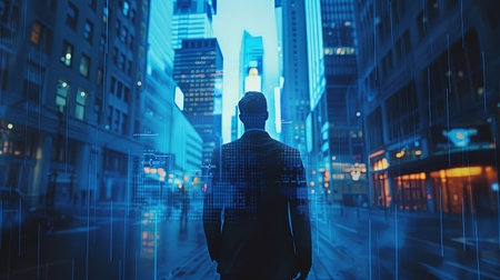 Picture of man office worker walking on the street wearing suit with abstract cityscape in the background at sunset.の素材